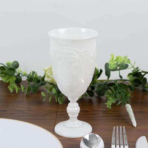 Efavormart 24-Pack 10oz Pearl White Plastic Vintage Goblets, Luminous Retro Embossed Wine Glasses for Weddings and Bachelorette Galas