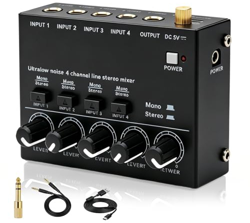 Mixer audio, mixer audio stereo a 4 canali, mini mixer audio, mixer audio con cavo audio da 6,35 mm e adattatore da 3,5 mm a 6,35 mm per microfoni, bassi, chitarre, tastiere (nero)
