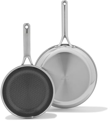 OXO Hybrid 8” and 10” Frying Pan Skillet Set, Durable PFAS-Free Ceramic, Fusion Boost Tech for Powerful Searing, Induction & All Cooktop Compatible, Dishwasher Safe, Mirror Polished Tri-Ply