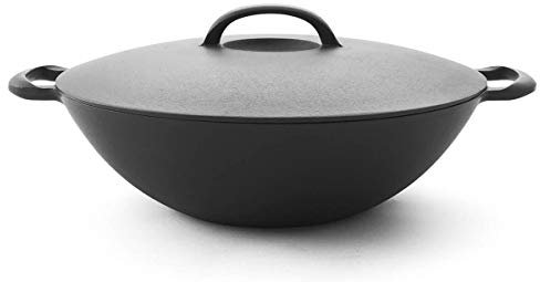 Iwachu Gusseisen Wok-Pfanne, rund mit Deckel. 2 Größen. Schmor-Topf für Induktion, Induktions-Herd, Ceran, Gas, Backofen, BBQ, Grill
