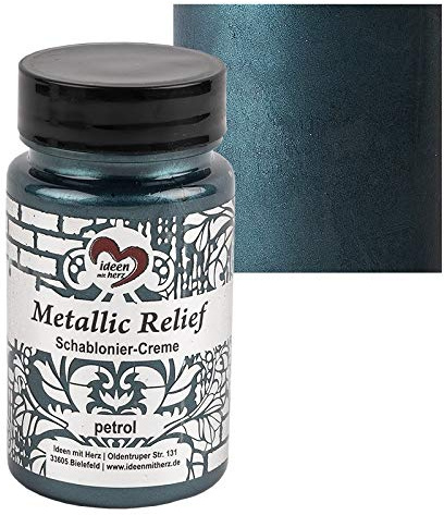 Ideen mit Herz Schablonier-Creme Metallic Relief | feine Strukturpaste | Schablonierfarbe | Schablonierpaste | 90 ml | auf Wasserbasis (petrol)