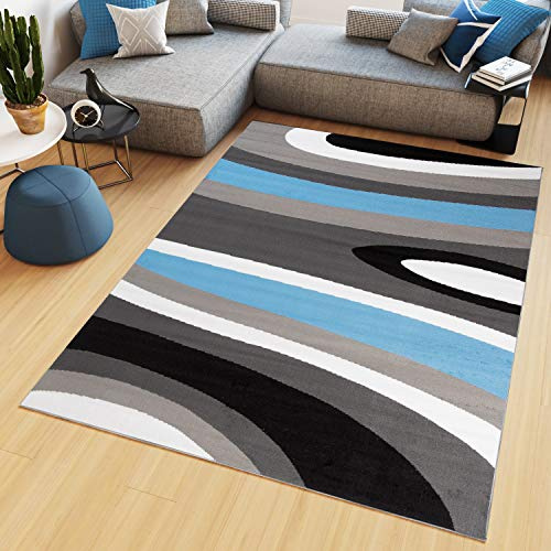 TAPISO Maya Teppich Kurzflor Grau Schwarz Weiß Blau Streifen 200 x 300 cm | Modern Gestreift Design Wohnzimmer Schlafzimmer Büro oeko-tex