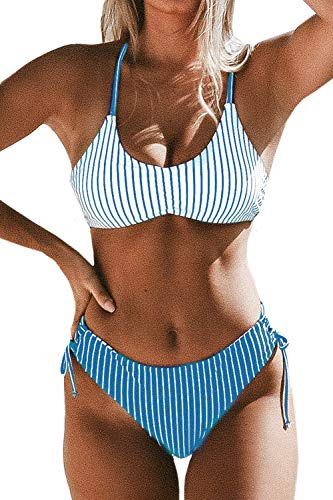 CUPSHE Women's Bikini Set Back Braided Straps Lace Up Bikini Reversible Bottom Two Piece Swimwear Bathing Suits Blue Stripe L