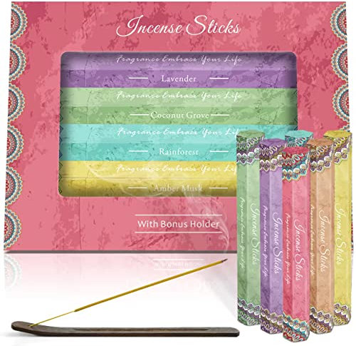 LA BELLEFÉE Räucherstäbchen Set 120 Sticks, 6 Boxen mit 6 Düfte - Lavendel, Vanille, Amber usw, Wildkirsche, mit 1 x Räucherstäbchenhalter