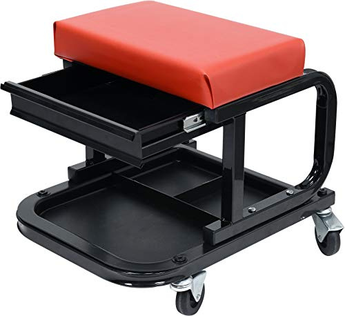 Yato Profi Werkstatthocker mit Schublade und Ablage, 360° drehbar, 4 Rollen, stabile und leichte Ausführung mit 150 kg Traglast, Werkstattstuhl