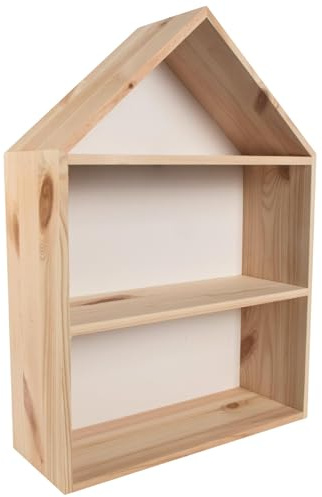 WooDeeDoo Großes Regal in Hausform, aus Holz, 32 x 12 x 44 cm, Wandmontage, Heimdekoration, mit weißer Rückwand, unlackiert und unbehandelt, Kiefer zum Dekorieren