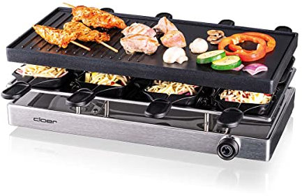 Cloer 6458 Raclette gril avec plaque en aluminium moulé sous pression, 8 poêlons à raclette antiadhésifs, spatule en plastique, emplacement de stationnement non chauffé, 1200 vatios, aluminium