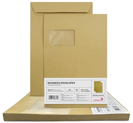 Netuno 50 Kuvert A4 Braun DIN C4 mit Fenster links haftklebend 90g Papier | 22,9 x 32,4 cm · große braune Büroumschläge · für Großbrief, Maxibrief, Warensendung, Büro, Versand & Korrespondenz