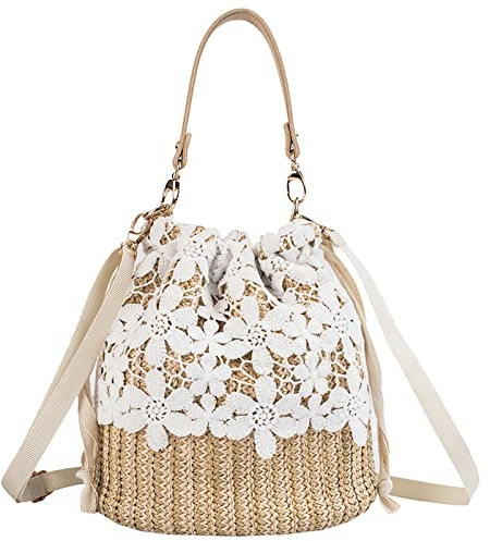 Anopo Borsa di Paglia a Tracolla Borsa di Vimini da Donna in Pizzo Corda Borsetta Intrecciata Estate Rattan Borsa Boho Holiday Secchiello Fiore