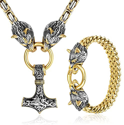 Milacolato Mjolnir Collier Bracelet pour Homme Argent/Or Viking Bijoux Acier Inoxydable Thor Marteau Pendentif avec 61cm Lourd Chunky Chaîne Byzantine Collier Cubain Lien Jonc Chaîne Cadeau Or