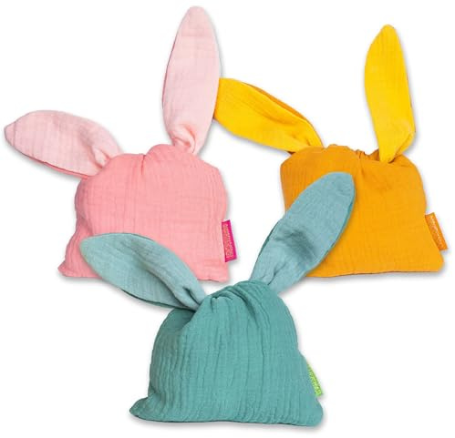 Papierdrachen Osterhasenbeutel aus Musselin - in den Farben senfgelb, rosa und Oliv und Größe - Beutel mit Hasenohren - Geschenk zu Ostern - Mitgebsel oder Geschenkverpackung - Set 12