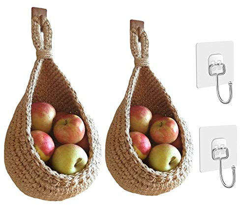 DIYARTS 2 PCS Hanging Wall Basket Teardrop Hanging Baskets, Hand Woven Wall Mounted Vegetable and Fruit Basket, Plant Woven Storage Basket for Kitchen Decoration, Living Room, Porch, Large and Small