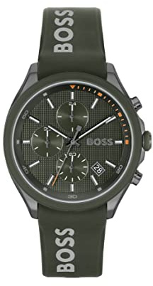 BOSS Herren 44 mm Chronograph Quarz Uhr Velocity Kollektion mit Silikonarmband, Datumsfunktion, 3 Sub-Dials, 5ATM Wasserresistenz