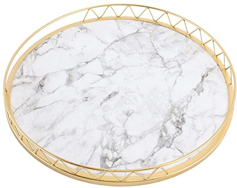 perfk Plateau de Service en marbre, Plateau décoratif de vanité, Assiettes Rondes Multi-usages pour cosmétiques, Plateau Organisateur de Bureau pour Table, Blanc Grand
