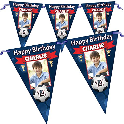 Personalised Football Happy Birthday Party Flag Banner Bunting N107-10 Flags inc ribbon ANY AGE 5th 8th 10th 13th 16th 18th 21st 30th 40th 50th Birthday