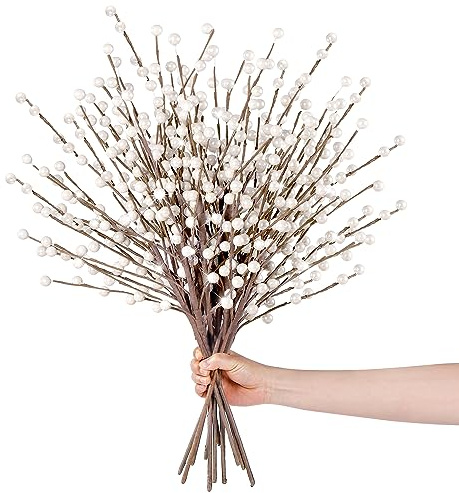 Sggvecsy 15 tallos de bayas artificiales de Navidad, bayas rojas, ramas de bayas de acebo, perlas falsas, púas de bayas en spray blanco para arreglos florales, árbol de Navidad, vacaciones, hogar,
