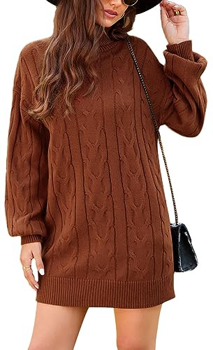 JFAN Robe Femme Col Roulé Robe Pull Hiver Montant Manche Longue Tricot Robe Élégante en Chaud Casual Dress Rouge M