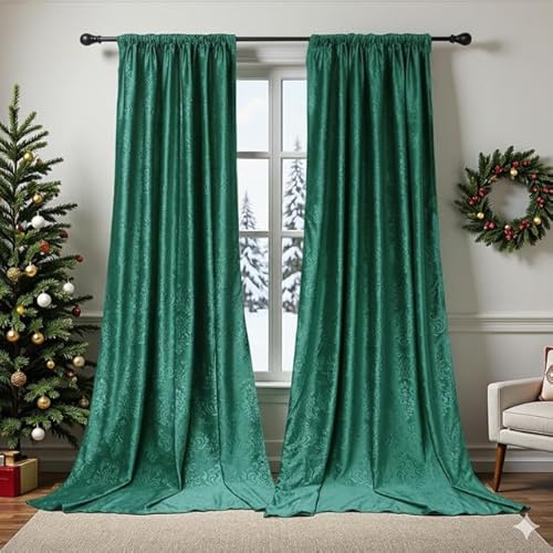 Rosnek Thermovorhang Kräuselband,2 Stück Luxus Vorhang Samt Verdunklungsgardine mit Multifunktionsband,Verdunkelungsvorhänge Blackout Curtain Barock Deko,H213xB132CM,Grün