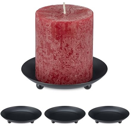 Relaxdays Set da 4 Porta Candele da Tavolo, Piatti Portacandele, Piattini Portalumini Ø 10cm, Centrotavola Moderno, Nero