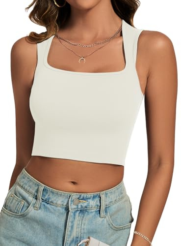 Cuptacc Crop Top Femme Ete 2024 Slim Fit Col Carré sans Manches T-Shirt Tendance Féminin Street Style Haut Beige Moyen M 38-40