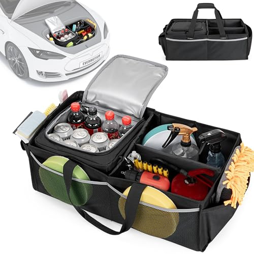 Kofferraum-Organizer mit Kühltasche, kompatibel mit Tesla Model 3 Model Y | FRUNK Aufbewahrungstasche Faltbar mit Multi-Fach für Reisezubehör, Werkzeuge, Lebensmittel und Getränke, Schwarz