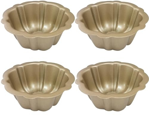 QJFCare 4 Packs Mini Carbon Steel Cake Pan, 5 Inch Nonstick Fluted Tube Cake Pans Mini Oven Baking Mold Metal Round Pumpkin Shaped Cake Mould for Cupcake, Muffin, Brownie, Pudding - Gold