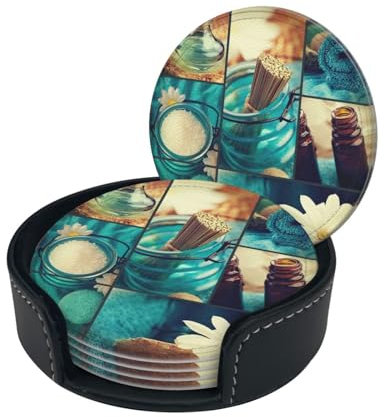 Set 6 Leder-Untersetzer mit Aufbewahrungsbox Spa Dorf Blumen Wasser Bad Salz Kerzen Druck Getränkeuntersetzer für Esstisch Bar Kaffee Bar Dekoration als Geschenk
