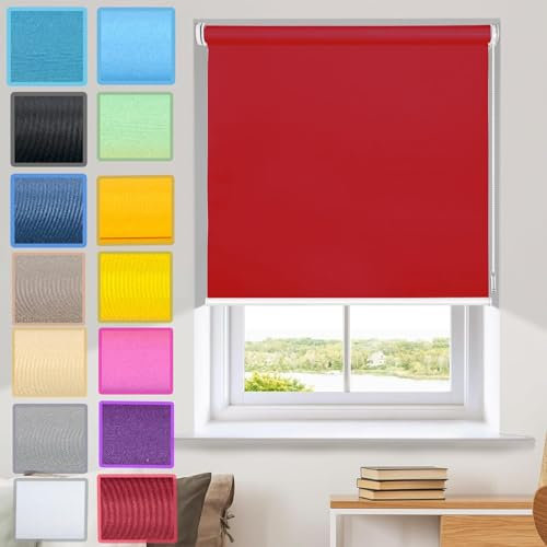 Verdunkelungsrollo Klemmfix ohne Bohren 90 x 80 cm Sonnenschutz und Sichtschutz Fensterrollo Seitenzugrollo Klemmrollo mit Klemmträger, für Fenster und Tür, Rot