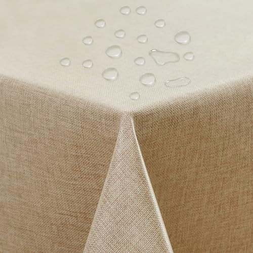 ATsense Tischdecke Abwaschbar Beige, Abwischbare Tischdecken Wasserabweisend Lotuseffekt, Fleckabweisend Table Cloth Leinenoptik, Tischtuch 140x240 cm Rechteckig