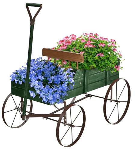 HOMASIS Carriola da Giardino in Legno, Carretto per Piante con Ruote Metalliche e 2 Scomparti, Vaso a Forma di Monociclo Decorativo per Giardino, Terrazza, Patio, 63x35x62,5cm (Verde)