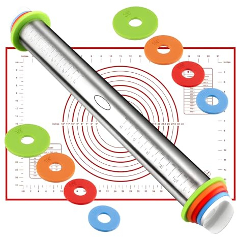 Edelstahl Nudelholz mit Griff, Einstellbares Teigroller mit 4 Abstandshalter für Teigdicken, Anti-Haft Backzubehör, BPA-frei, 35cm