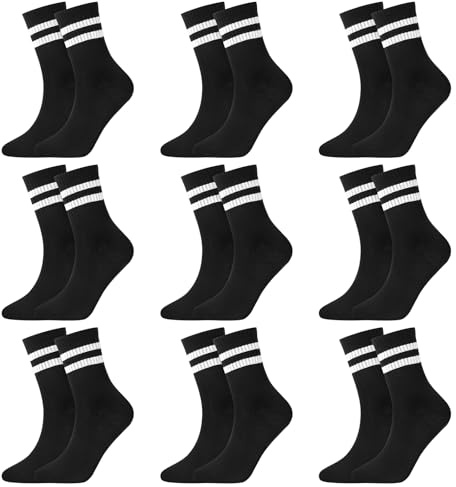 Roinaid Calcetines deportivos unisex 9 pares de calcetines de tenis negros suaves a rayas, 2 rayas, calcetines retro, calcetines de tenis, calcetines para niños para hombre y mujer, ocio y deporte,