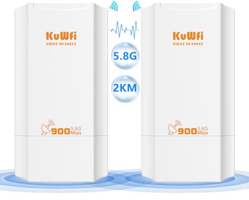 KuWFi WiFi Bridge, Ponte WiFi esterno Punto a Punto 5.8G, 2KM Lungo Raggio PtP/PtMP, LAN 10/100 Mbps, Capacità WiFi Wireless, 12dBi, IP65, RJ45, Adattatore PoE, Adatto a una varietà di luoghi