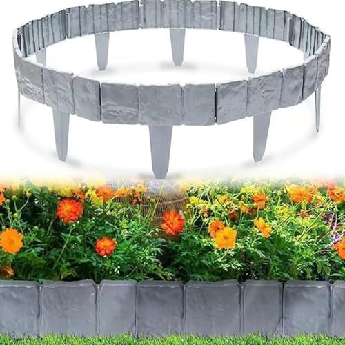 Wobestod 10 Stücke Rasenkante Kunstoff, 25 x 23cm T-Form Beetzaun Beeteinfassung Steinoptik Beetumrandungen decorativ für Blumen Gartenzaun (Grau)