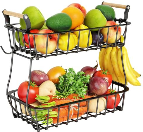 ZDXY 2 Tier Fruit Basket Bowl with 2 Banana Hangers for Kitchen Counter, Countertop Fruit Storage Produce Basket Metal Vegetable Holder Stand Organizer for Bread Snack Veggies Potato, Black
