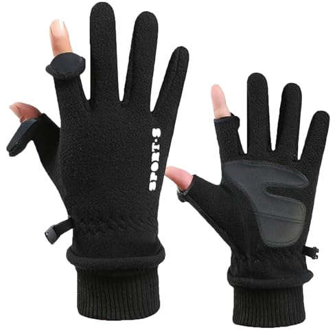 Fnaobai Fleece-Handschuhe für Damen und Herren, Winter, warm, Touchscreen, kaltes Wetter, verstellbares Handgelenk, Thermo-Fäustlinge zum Laufen, Skifahren, Schwarz, 2 Finger, Women