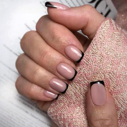 SXVME 30 Pcs Acrylic Press on Nails Short Square, Black French Tip False Nails Short Coffin, Natural Nude Fake Nails Set Classic Soft Gel Stick on Nail for Women Daily Wedding Wear