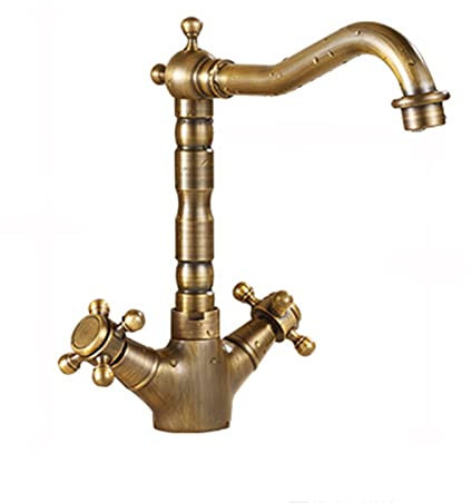Antique Brass Bathroom Sink Faucet with Hot and Cold Water Control Double Handle Vanity Faucet for Kitchen and Bathroom Single Hole Installation for Vintage Look.