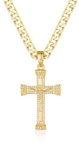 6mm Gold Crucifix Jesus Cross Pendant Cuban Chain Necklace, 22-Inch, 47g, Gold Plated - Bling King London