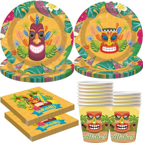 Hawaiane Decorazioni Per Feste, Decorazioni Per Feste Hawaiane Con Piatti,Stoviglie Hawaiane per Feste, Set di Posate per Feste in Foglia di Palma Estiva, Piatti Tazze Tovaglioli,50PCS