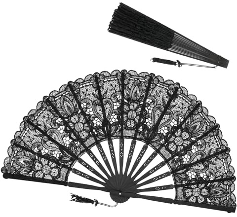 Handfächer Spitze, Fächer Hochzeit Schwarz, Vintage Faltfächer, Faltbare Brautfächer Spitzenfächer für Damen Hochzeit Abschlussball Fasching Party Foto-Requisiten Wand Dekoration
