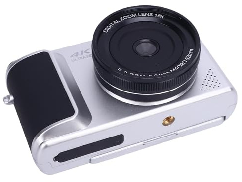 Cámara Digital 4K 64MP Autococus 16x Zoom Retro Retro Sin Espejo Cámara de Pantalla Flip Viaje (Silver)