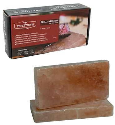 FRITZTOWN Deluxe Grill Salzstein - 2er Set 20x10x2,5 cm - Feiner Geschmack durch Kristallsalz - Exklusive Geschenkbox inkl. Gebrauchsanweisung
