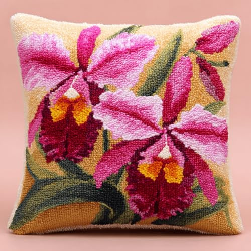 XDEGHUANGSS Kit Créatif Coussins et Tapis au Crochet Avec Motif Pré Imprimé,Kit Coussin Au Point Noué,Loquet Crochet Complet Housse De Coussin,Fait Main,43x43cm(Orchidée)