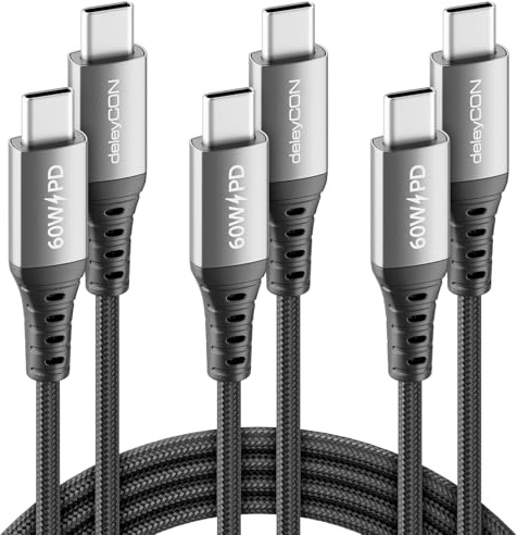 deleyCON 3x USB-C-Kabel (0,5m 1m 2 m) PD 3.0 PPS (60 W Snabbladdningskabel) USB-C till USB-C Laddkabel för iPhone 17 16 15 Pro Max Air Galaxy S25 S24 S23 Pixel iPad Pro MacBook AirPods Surfplatta
