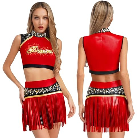 EURDFHY Cheerleader outfit Women Shiny Rhinestone Cheerleader Costume Carnival Cheerleading Uniform Sports Team Clothings Tank Top And Tassels Shorts Set(Red,XL)