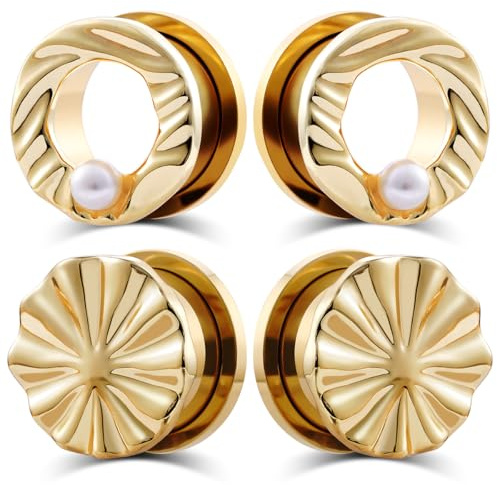 TBOSEN 2-par rostfritt stål vågyta och pärlor öra tunnel pluggar guld och silver färg skruvpassform expander för sträckta öronpiercingar, 0g(8mm), Metall, Ingen ädelsten