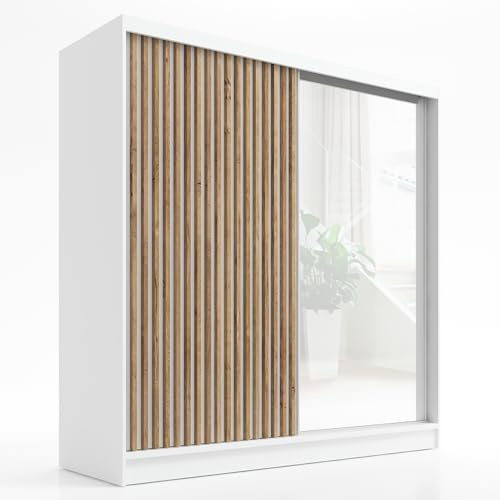 A&J MöbelLand Schwebetürenschrank LUNO Kleiderschrank 2-türig mit Spiegel Garderobenschrank 200 cm (Weiß)