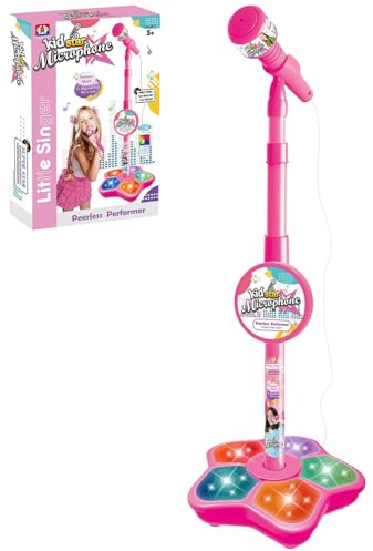 Microphone and Stand, Pink Microphone, Adjustable Stand Micro-phone with Flashing Lights, Stand Up Karaoke Machines Birthday Gift