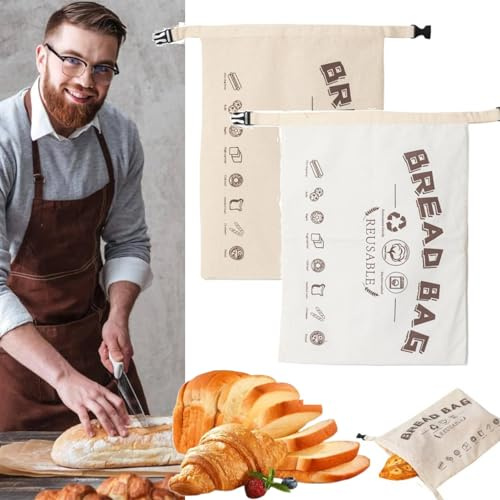Wiederverwendbare Bienenwachs-Brotbeutel mit Bienenwachs-Futter und Schnallenverschluss, lebensmittelechte Baumwolle, Bienenwachs-Beutel für Brotbacker, Bäcker (weiß + beige)